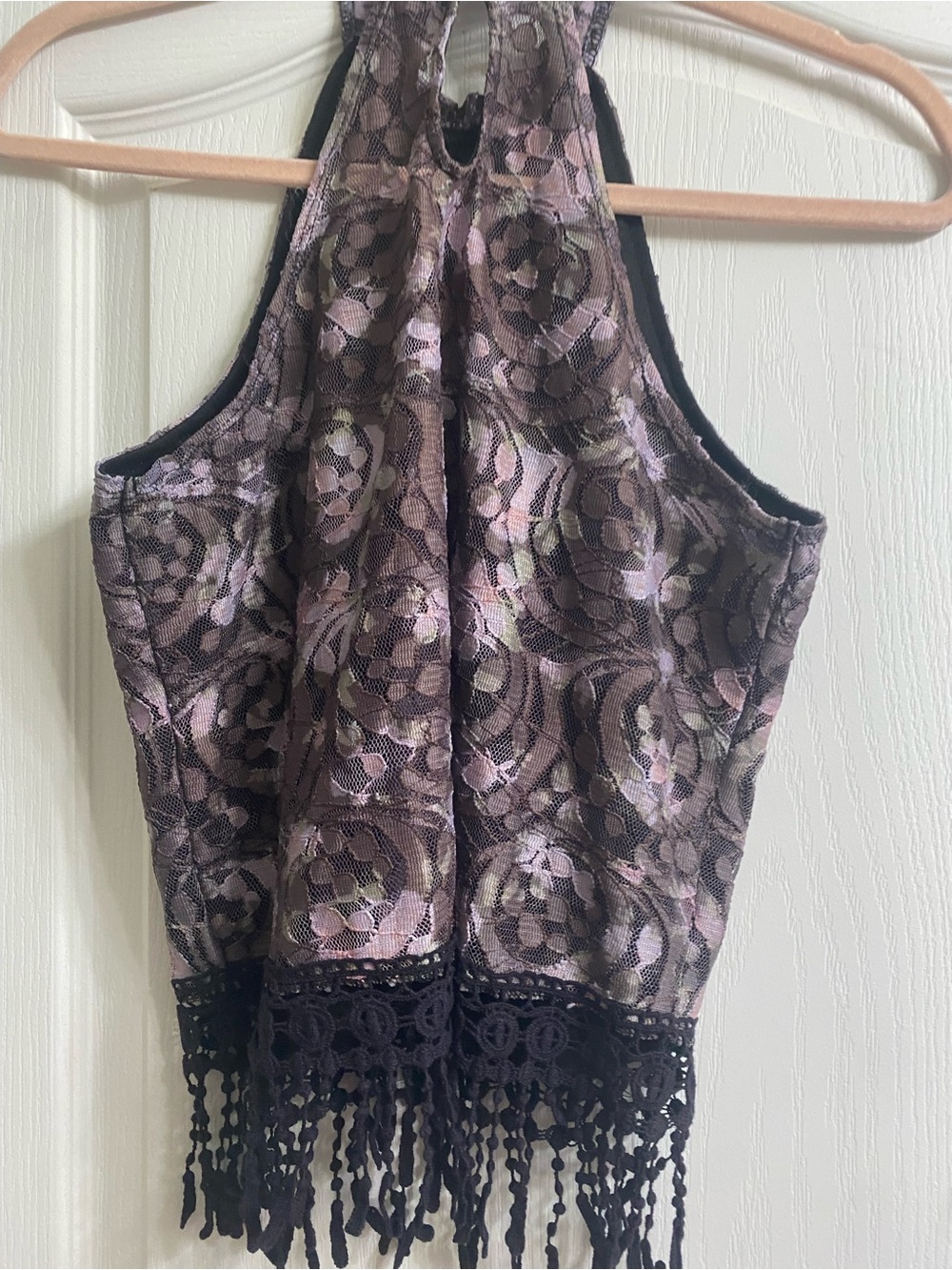 Vintage Rue21 Whimsigoth Floral Lace Mock Neck Halter Fringe Waist Crop Top S - Picture 12 of 13